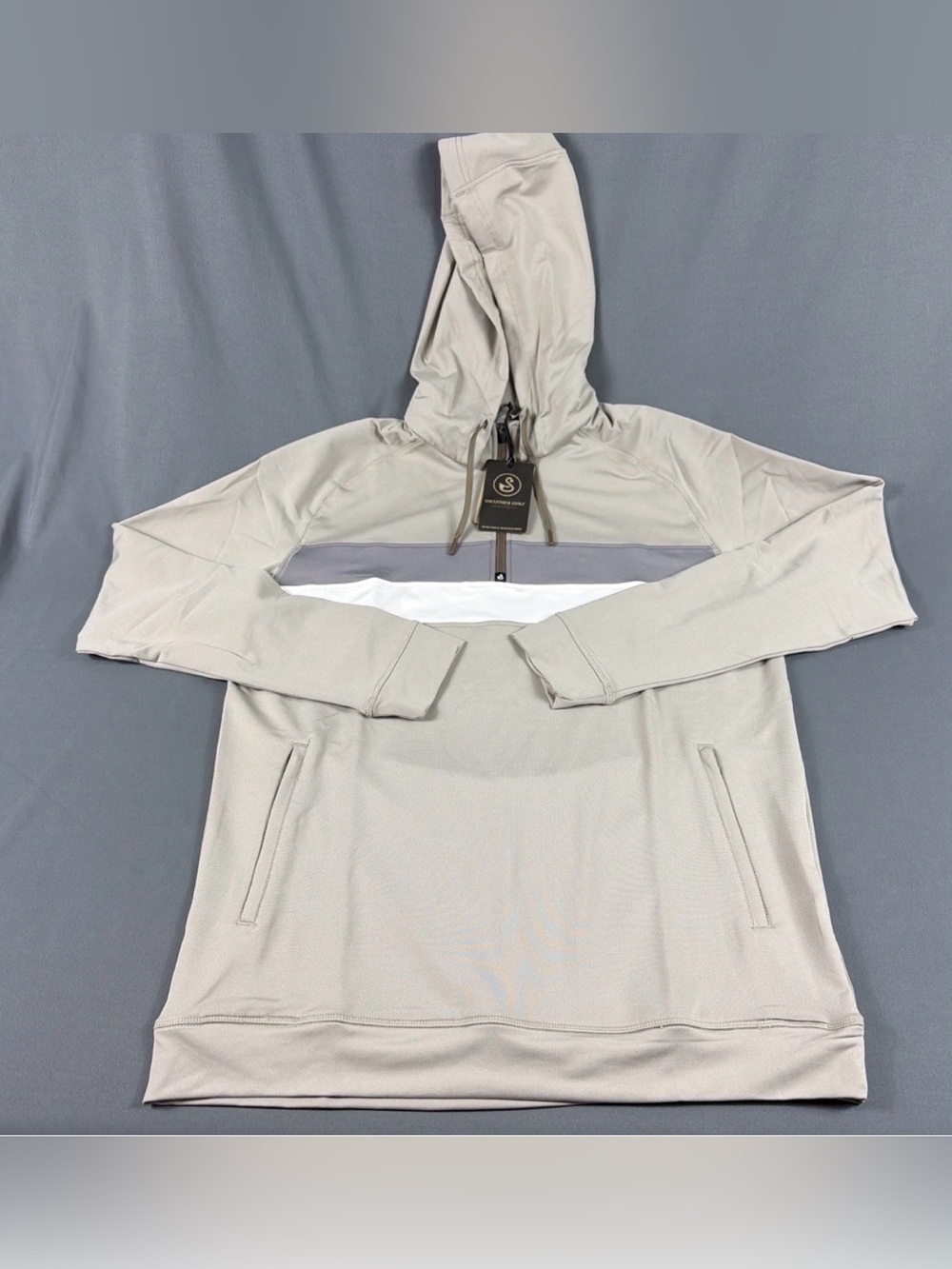 Swannies Golf Hoodie Journey Striped Large Tan Polyester Spandex NWT MSRP $119